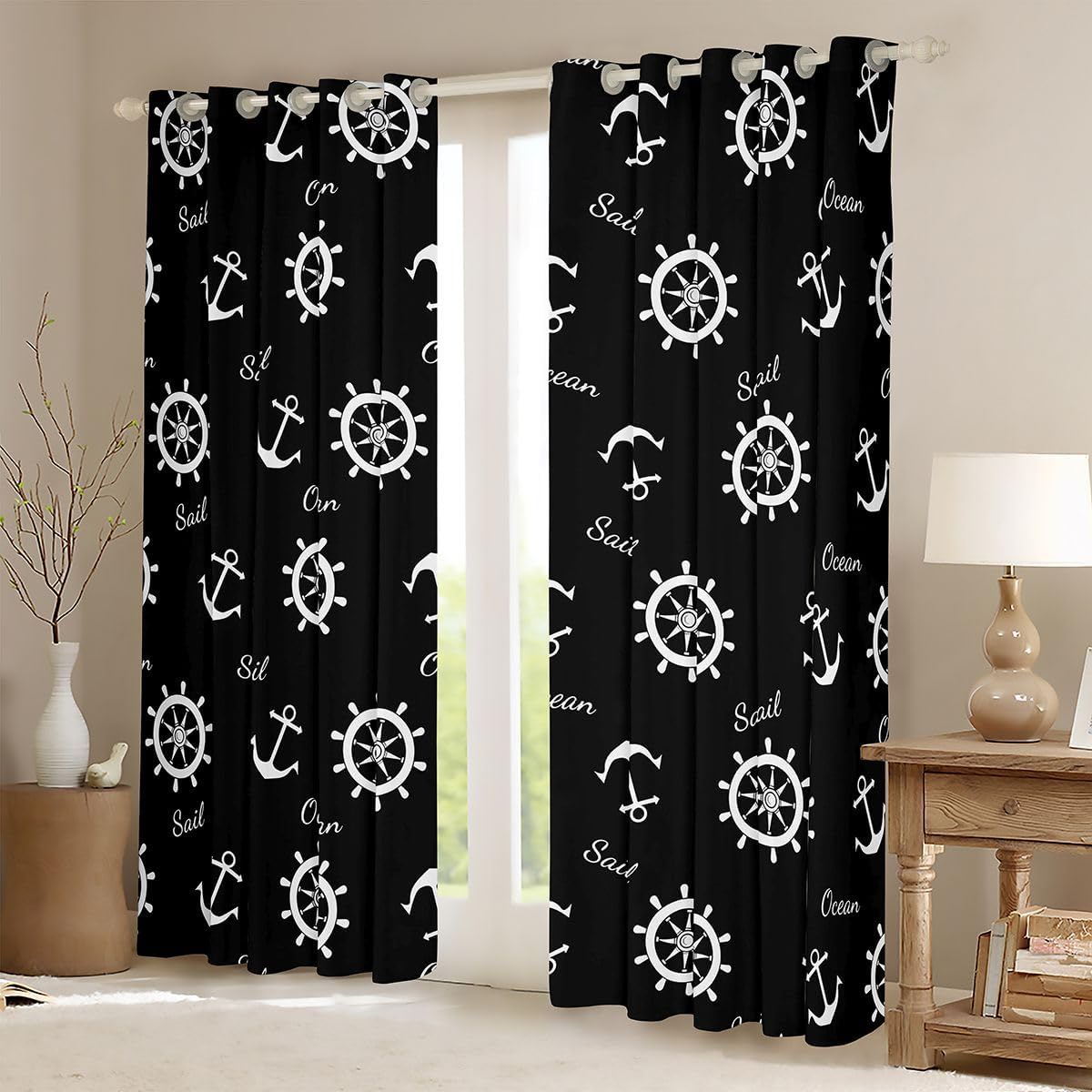 Summer Ocean Anchor Bedroom Curtains Geometric Abstract Rope Bookshelf Window Drapes for Kids Nautical Ocean Adventure Blackout Drapes Window Treatments Grommet Top 38Wx54L Inch 2 Panel Set,Black