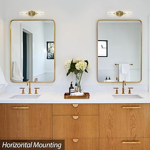 Miniatura 6 de Juego de 2 apliques de pared de latón moleteado, 21 pulgadas, 2 luces, apliques de pared dorados para baño, luces de tocador de vidrio, apliques de