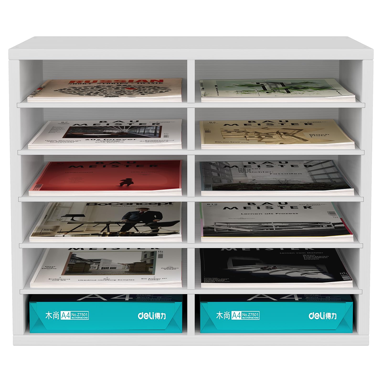 EasyPAG 12 Fächer Holz A4 Büro Schreibtisch Organizer Dokumentenhalter Aktenablage Zeitschriftenhalter Briefablage Papier Magazin Organisator,Weiß