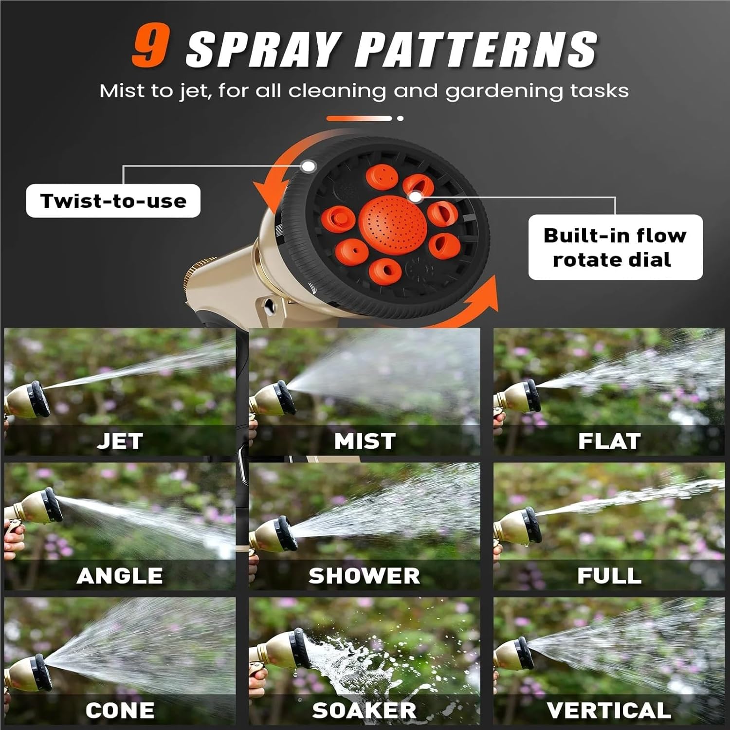 Heavy Duty 9 Patterns Adjustable Water Hose Spray Nozzle Gun for Watering Plants, Lawn& Garden, Washing Cars, Showering Pets