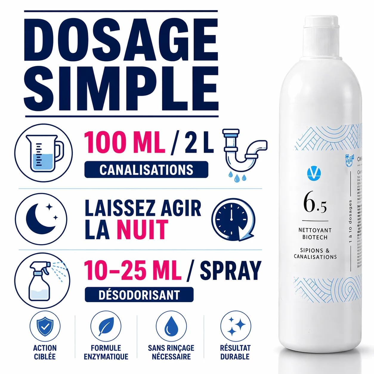 N°6.5 Canalisations Enzymatique Concentré – Odeurs Égout 50 Doses | 0,55€/dose, 1 à 2 ans d'autonomie, sans CMR ni perturbateurs endocriniens, sain pour animaux, Qualité Pro, fabriqué en France