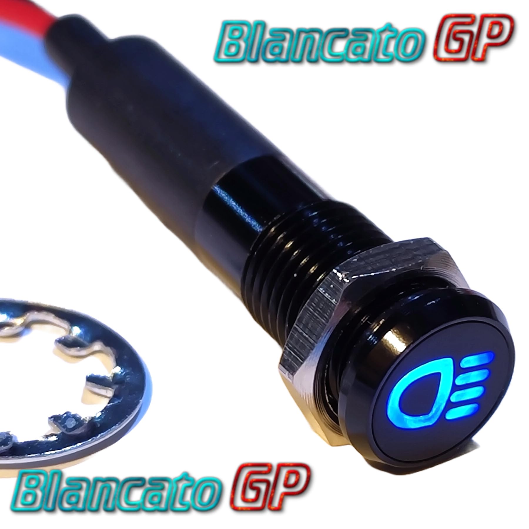Spia luminosa LED 8mm con simbolo abbaglianti 12V nera BLU quadro per auto, moto e nautica