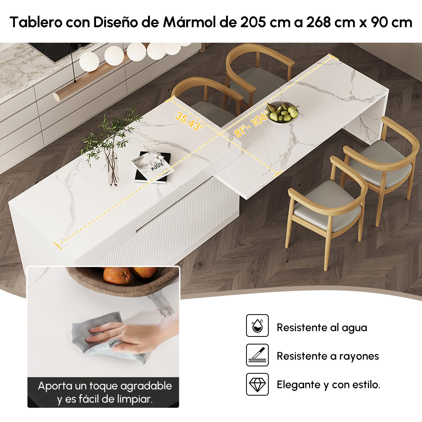Homary Isla de Cocina Extensible con Almacenamiento múltiple para Cocina y Comedor, hacia la Derecha 205-268cm x 90cm