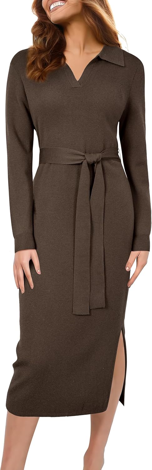 Arach&Cloz Women's Wool Blend Side Slit Polo Sweater Dresses 2025 Fall Business Casual Outfits