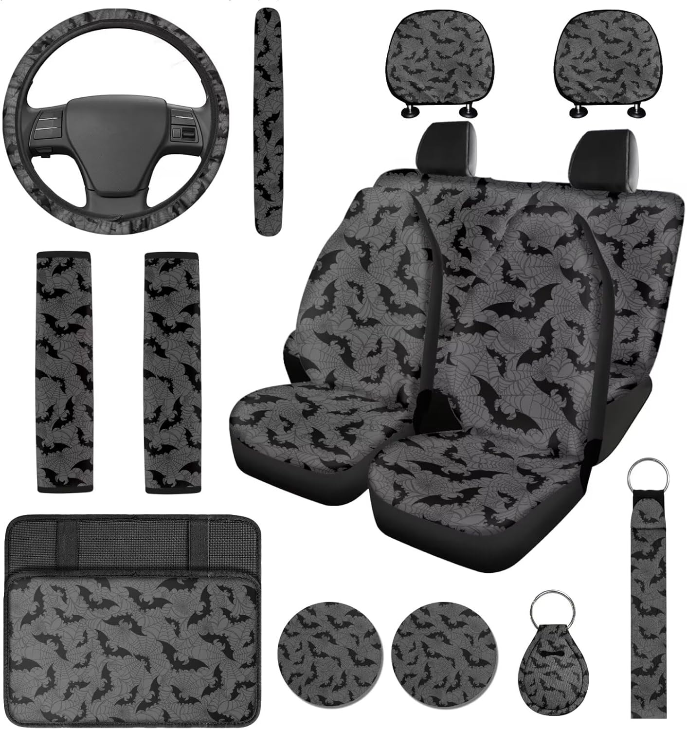 14 Pack Highland Cow Car Seat Covers with Steering Wheel Cover, Armrest Cushion,Seat Belt Covers with Keychain, Fall Auto Accessories for Cars Interior Universal Fit Most Cars SUV