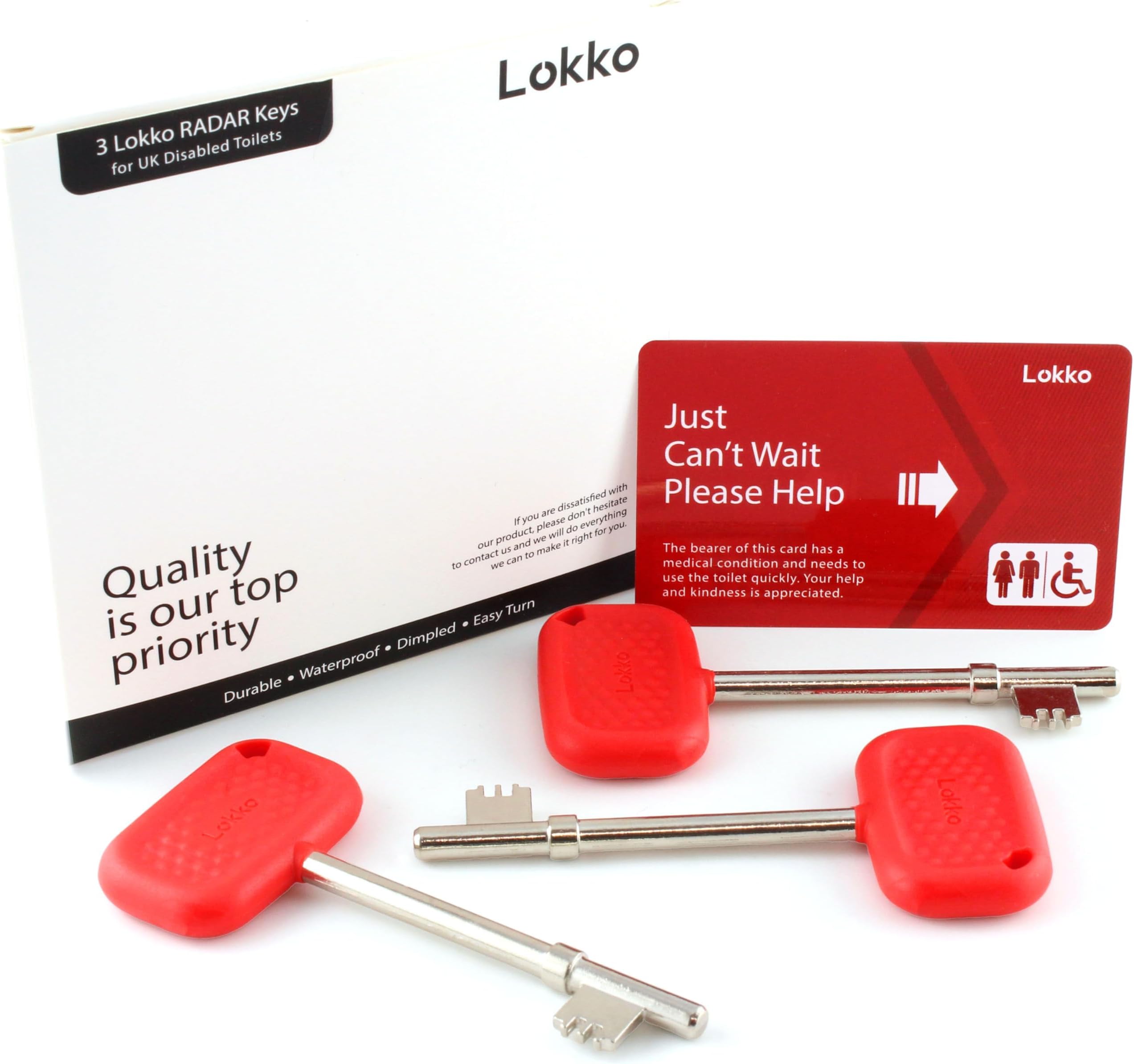 Lokko Radar Key for Disabled Toilets UK (3 Pack) - Boxed with Bonus Toilet Use Card - Red - Dimpled Grip, Durable, Waterproof, Easy to Use