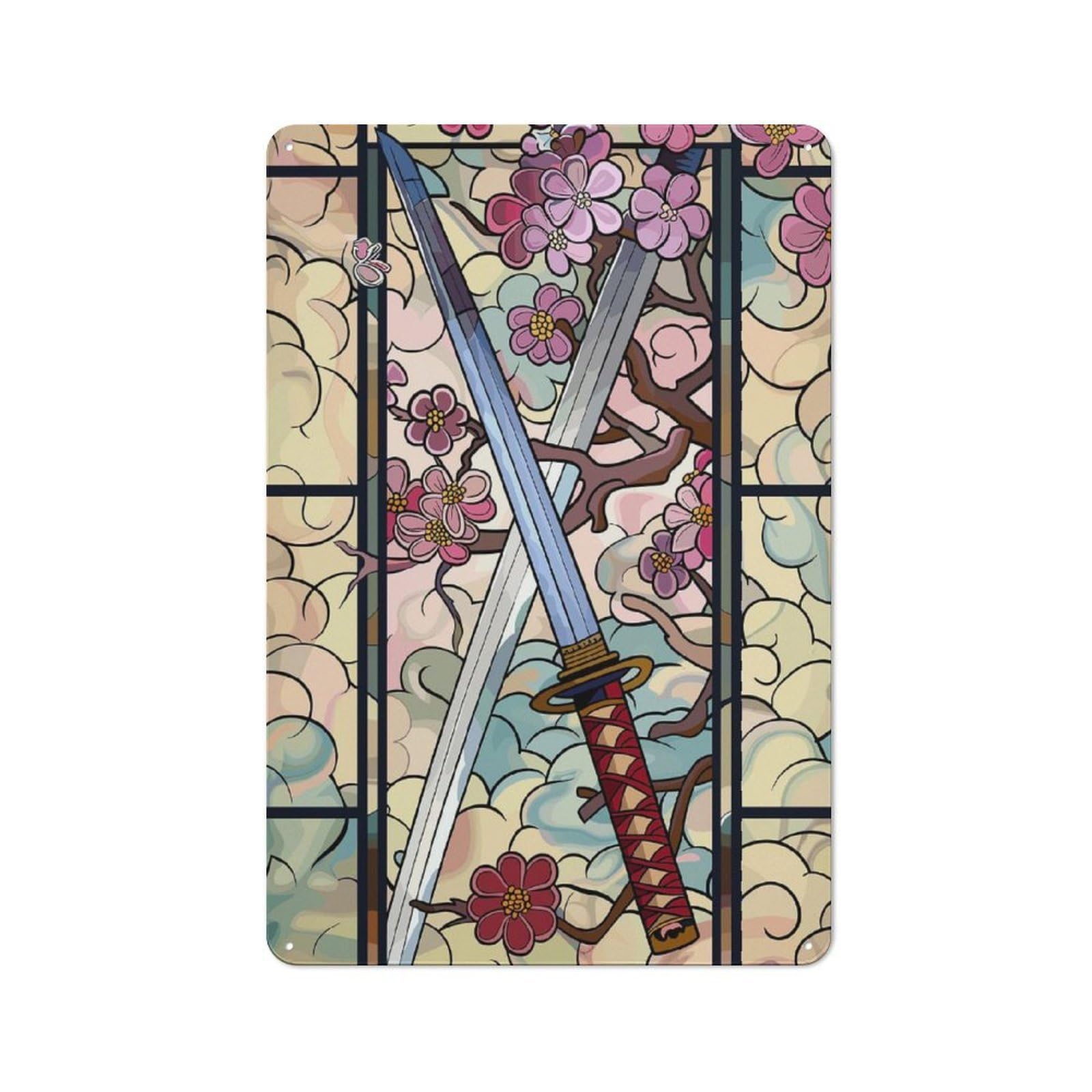 Junmoney Style-20 Samurai Swords And Cherry Blossoms Decorative Tin Sign 30X20cm, Rustic Rustic Kitchen Decor For Kitchen, Cottage, Porch Or Garden Room