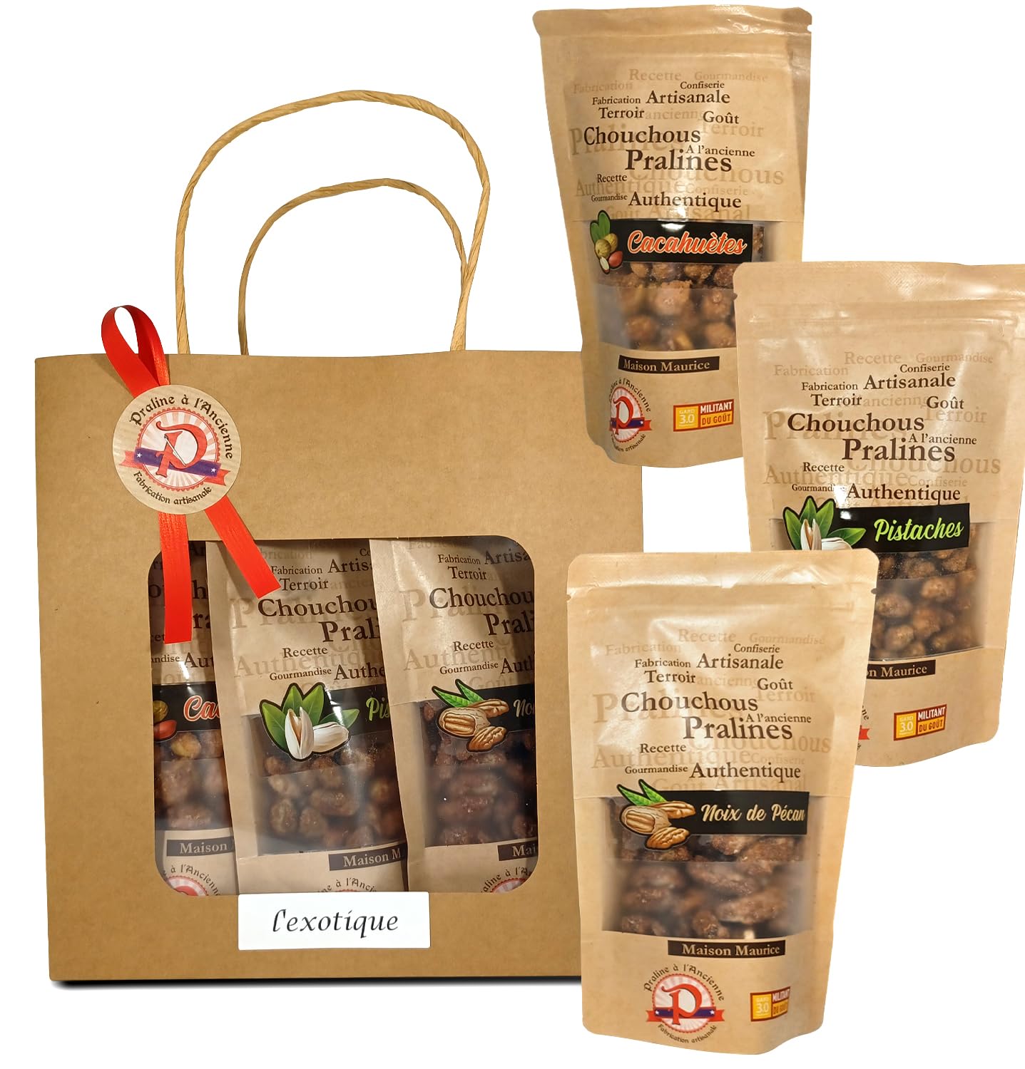 Pralines à l'Ancienne – Caja de regalo de Pralines «L'exotique» – Cochus dulces artesanales – 3 bolsas de regalo – Cacahuetes, Pistachos, Pecan – Fabricado en Francia