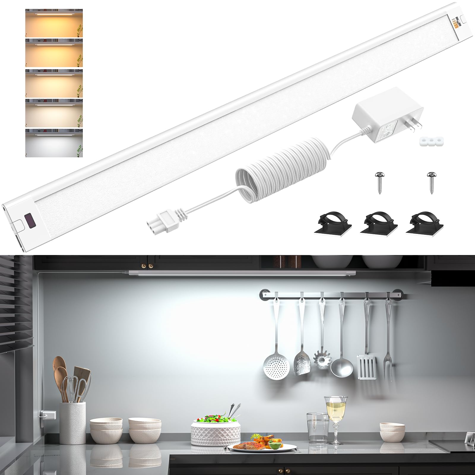 WOBANE Under Cabinet Lighting, 24 inch Plug in LED Counter Light Bar, Hand Wave Activated, Touchless Dimmable for Kitchen Cabinet, Shelf, Under Desk,