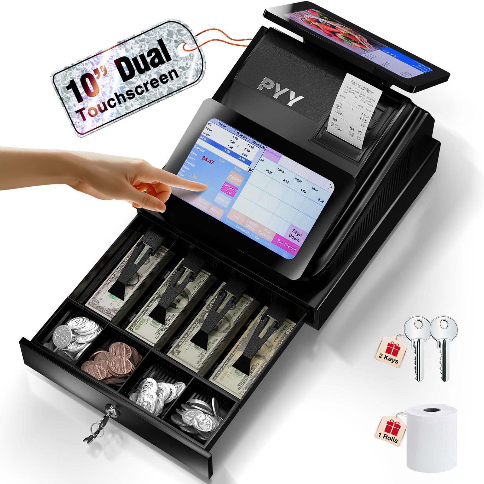 PYY Cash Register for Small Businesses with Electronic Touch Screen Monitor | 10" Dual Color Screens, 4 Bill 5 Coin Large Locked Drawer Cashier Box, Commercial Caja Registradora para Negocio Pequeño
