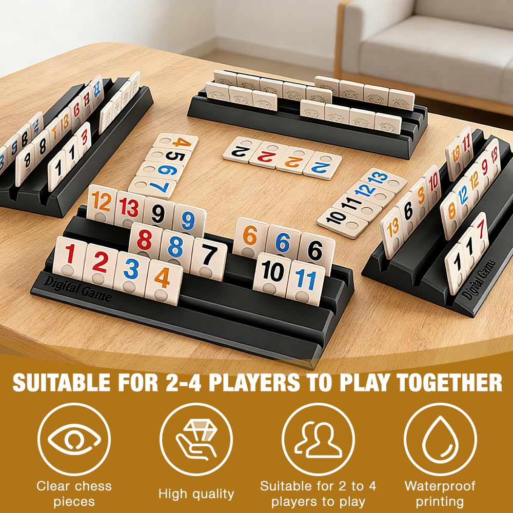 Mineup Rummy Gioco da Tavola, Rummy Okey Con Numeri, 114 pezzi e 4 supporti, Gioco Da Tavolo Strategia, Gioco da Tavolo Rummy in Legno per 2-4 giocatori, adulti e famiglie