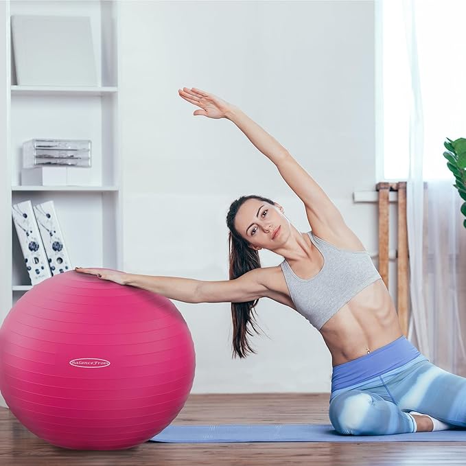 The BalanceFrom Anti-Burst and Slip Resistant Exercise Ball is designed for versatility in exercise routines, including yoga, fitness, and birthing exercises. It features a durable, anti-burst construction, which can support up to 2,000 pounds, ensuring safety and reliability during workouts. The ball's slip-resistant surface enhances grip, providing stability and reducing the risk of injuries. This makes it suitable for various exercises aimed at improving balance, strength, and flexibility.