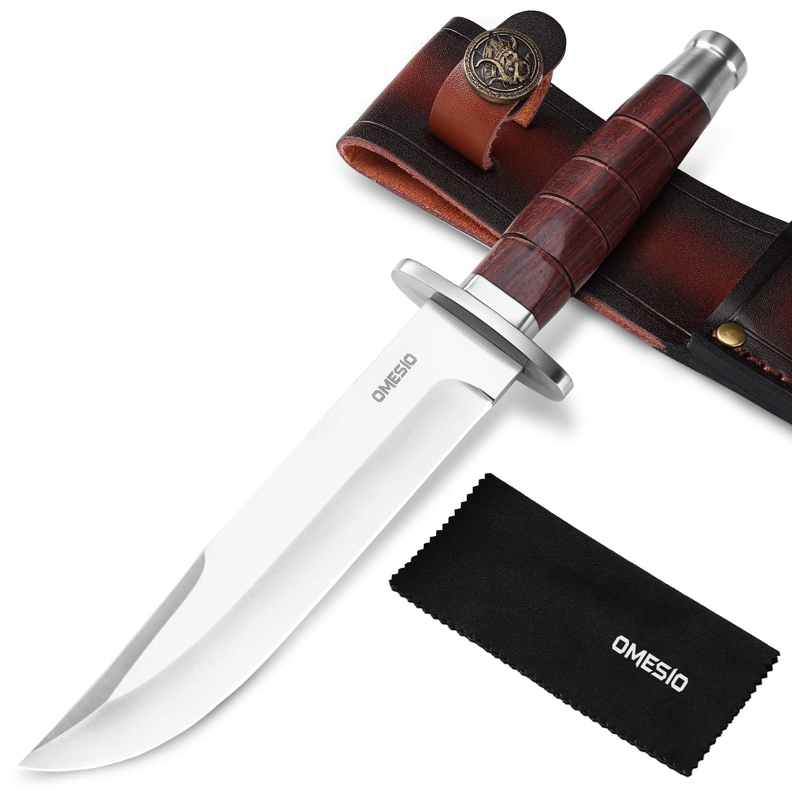 Omesio Cuchillo Outdoor Hoja Fija 5Cr14MoV con Funda de Cuero | Mango de madera maciza con funda de cuero, ideal para camping, senderismo y actividades al aire libre.