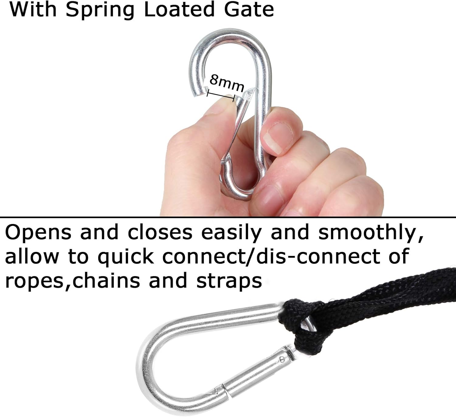 60Pcs Stainless Steel Carabiner Clip Spring-Snap Hook 1/4 in, M6 x 2 3/8 Inch Small Heavy Duty Carabiner Clips for Hammock, Punching Bag, Swing, Gym - Image 3
