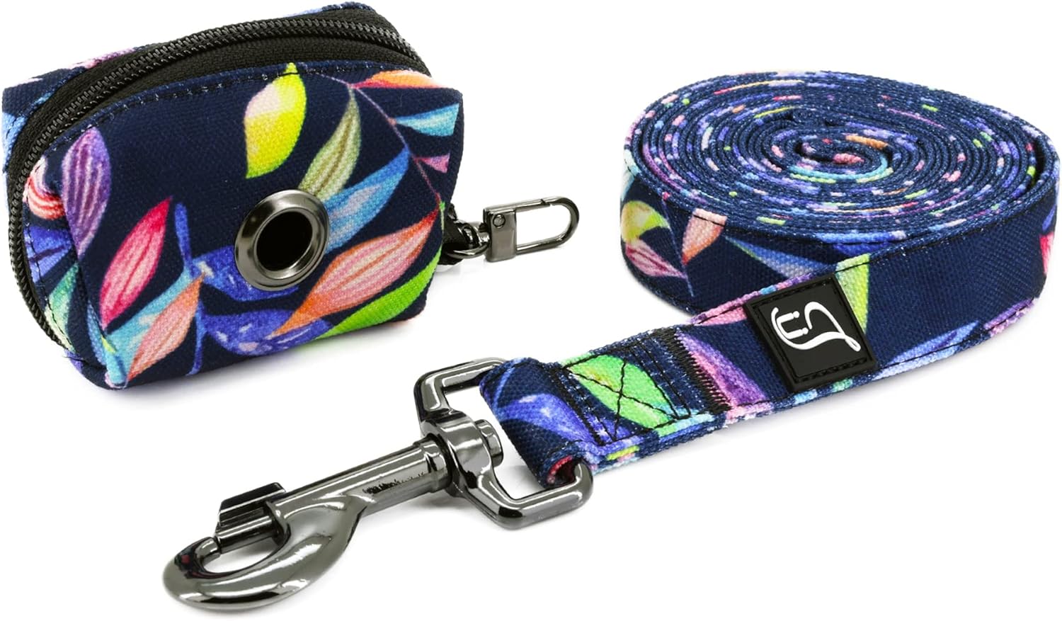 Ultra Joys Dog Leash with Poop Bag Dispenser - Heavy Duty Cotton Fabric Pet Leash with Metal Clasps - Tropical Style 6ft Leashes and Dog Waste Bag Holder Carrier
