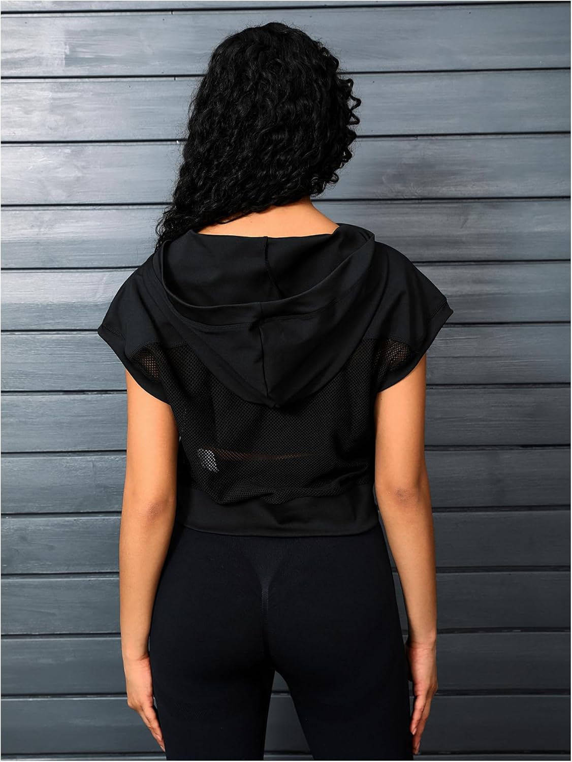 SweatyRocks Women's Fishnet Mesh Short Sleeve Hoodie Casual Solid Athletic Workout Sweatshirts Tank Tops - Image 2