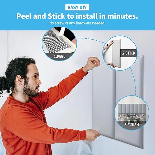 Miniatura 7 de Art3d - Cabeceras para cama matrimonial y Queen en color gris, cabeceros tapizados, insonorizados, paneles 3D despegar y pegar para pared, paquete