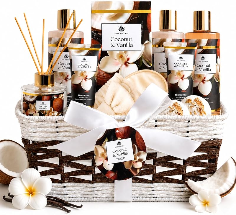 Jane & Bloom Conjunto de banho Coconut & Vanilla com 12 peças e cesta reutilizável