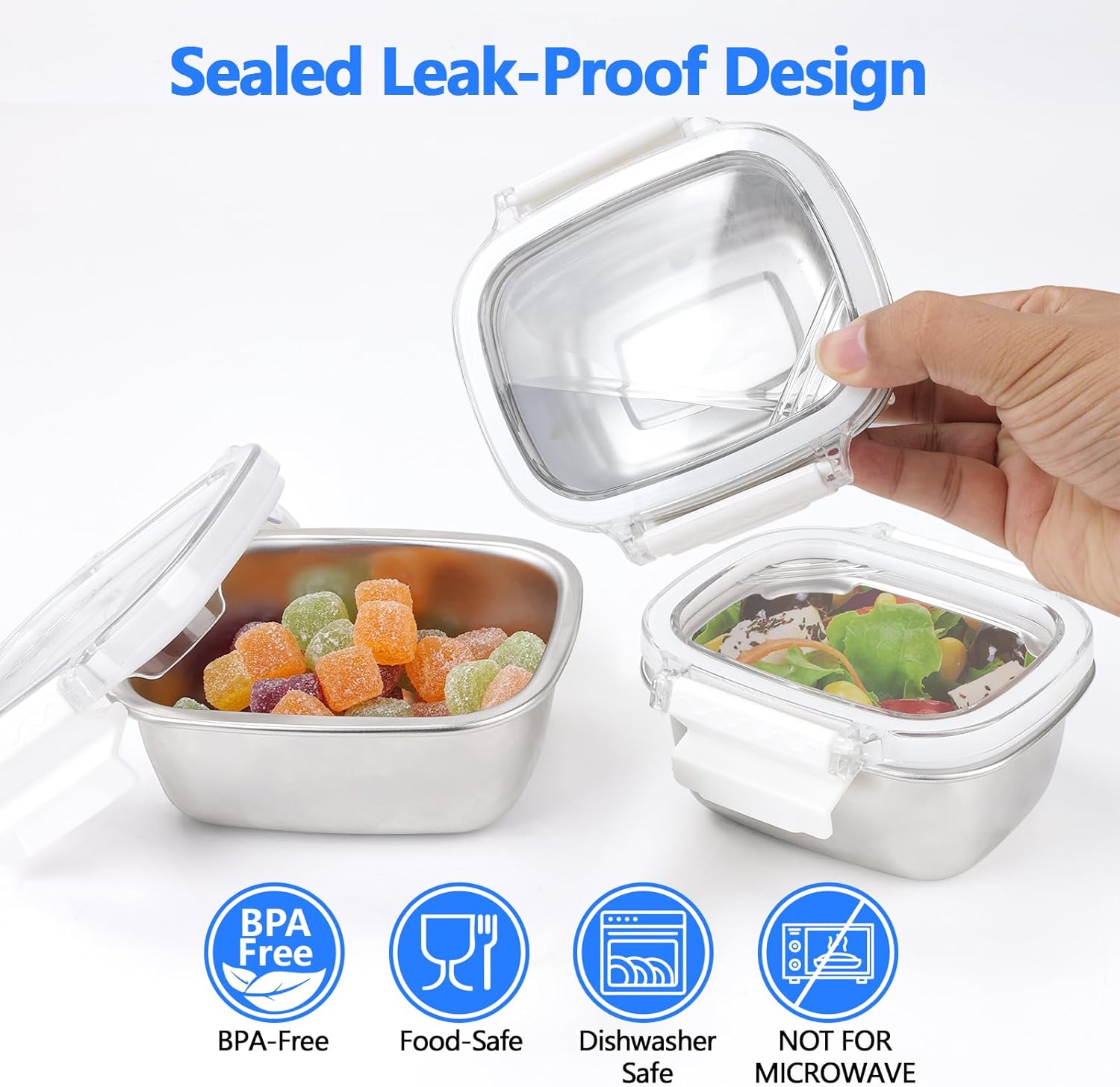 Stainless Steel Food Storage Containers with Lids - 3 Piece 8.5oz Small Snack Boxes & Lunch Containers, Leakproof Freezer Safe Meal Prep Containers Fit for Portioning Snacks, Dips, and Condiments - Image 5