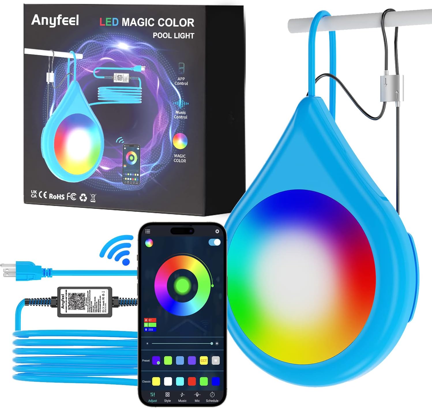 Anyfeel LED Pool Lights, 5V Smart Underwater Lights with APP Control, IP68 Waterproof Music Sync Color Changing Submersible Lights for Aboveground Pool with Rust-Free Magnet and 32.8FT Cord