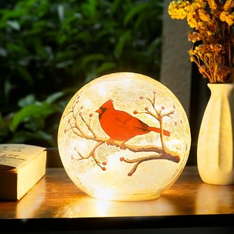 Large Crackle Glass Ball Cardinal Lamp, Light Up Red Cardinal Stained Glass Christmas Decor Accent Lamp, Lighted Red Bird Globe Table Light, Led Sphere Desk Lamp