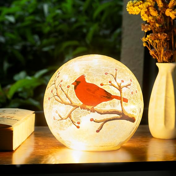 Large Crackle Glass Ball Cardinal Lamp, Light Up Red Cardinal Stained Glass Christmas Decor Accent Lamp, Lighted Red Bird Globe Table Light, Led Sphere Desk Lamp