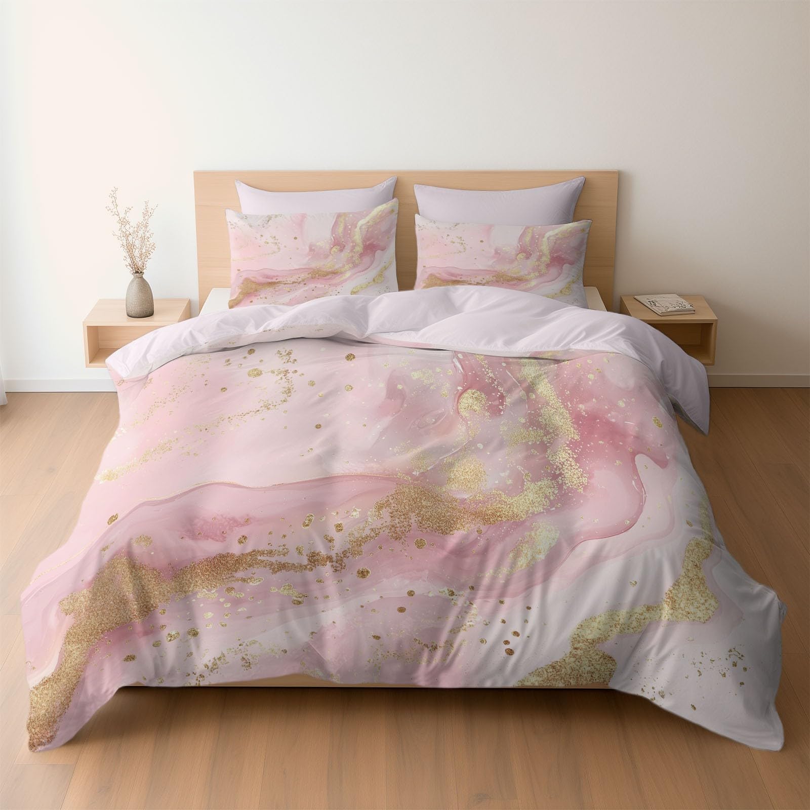 Parure de lit microfibre douce 240x260 cm housse couette marbre rose 3 pièces