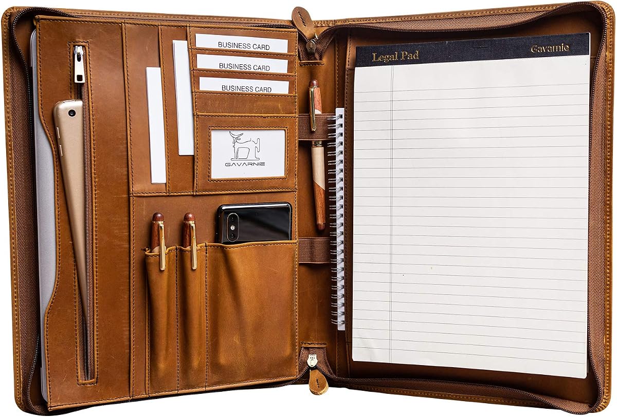 Genuine Leather Padfolio Portfolio Organizer for Men & Women | Custom Zippered Business Folder with Legal Pad Holder & Personalized Logo,Extra-large size suitable for 13" laptop,Brown