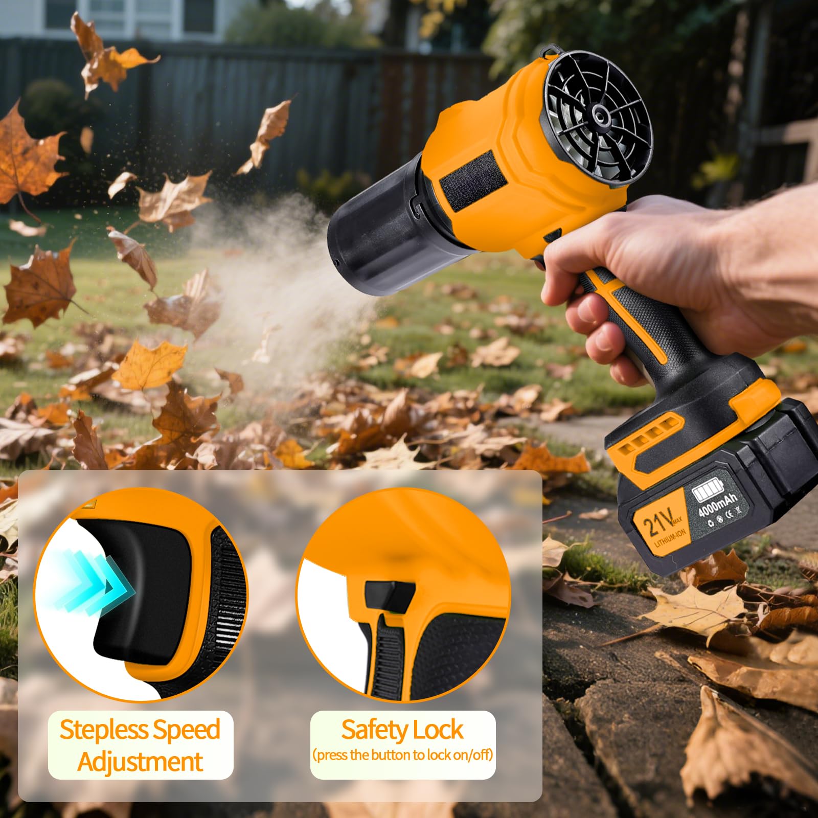Soffiatore a Batteria Portatile, Aria Potente ad Alta Velocità con 2 Batterie 4000mAh, Velocità Del Vento 65 m/s, Soffiatore per Foglie Leggero per Giardino, Polvere e Neve,Giallo