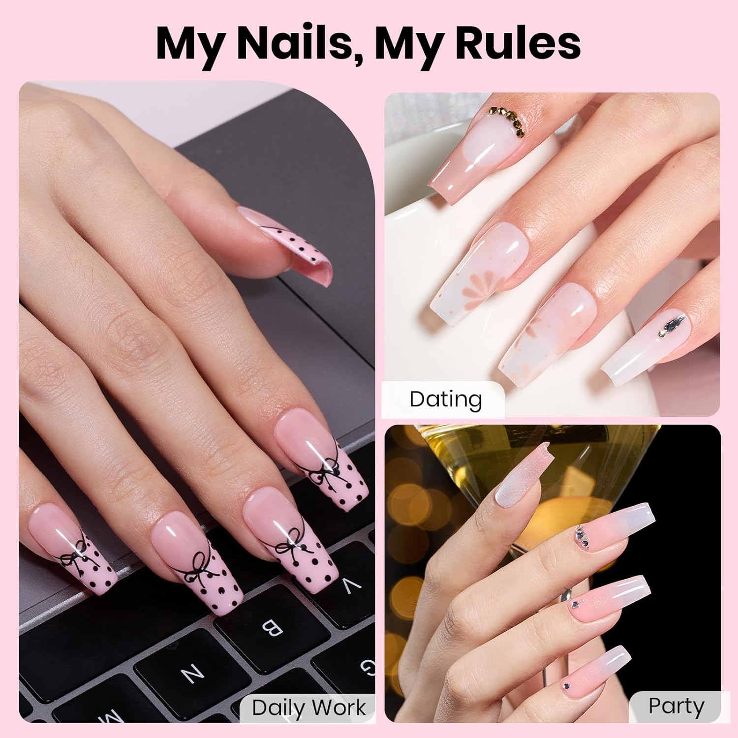 Beetles Gel Nail Kit Etch-X, Coffin Medium, 288pcs 12 Sizes Nail Tips, 3Pcs 15ml HEMA-Free Nail Glue Top Coat & Base Gel Set, with Mini Lamp, Press On Nail, Long Lasting Extension DIY Set at Home