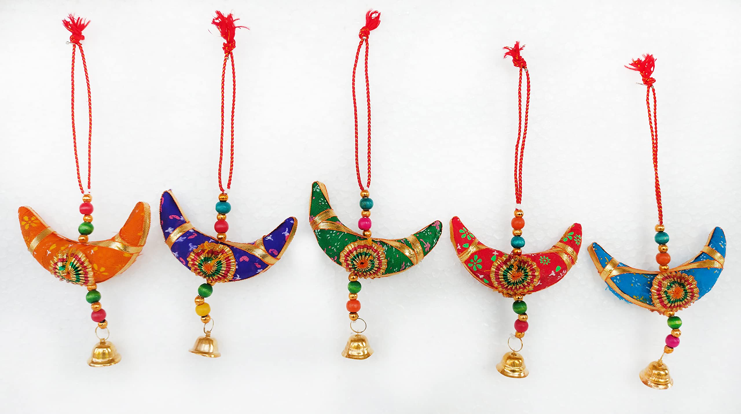 Rastogi Handicrafts Star Bell and Half Moon Hanging Set of 5 Home Christmas Hanging Party Decorative Ornaments Multi Colored Indian Traditional Ramadan Gifts (Multi 5 Half Moon)