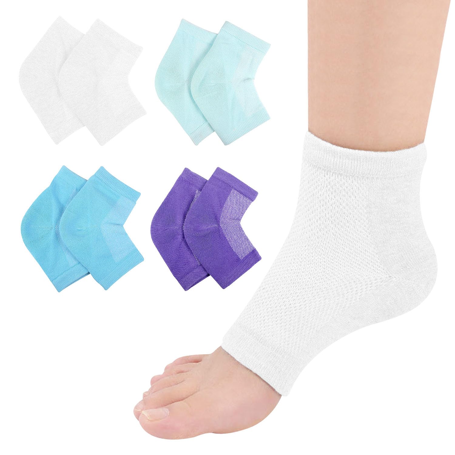 HATINXIA 4 Pairs Moisturizing Socks, Heel Socks for Cracked Heel Repair Treatment, Silicone Gel Toeless Socks, Foot Care Socks for Dry Cracked Feet Women, Lotion Moisture Pedicure Socks