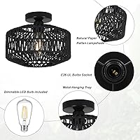 Vista 5 de Lámpara de ratán para montaje en techo, lámpara de techo bohemia con bombilla LED regulable, mini lámpara de araña de ratán tejida a mano