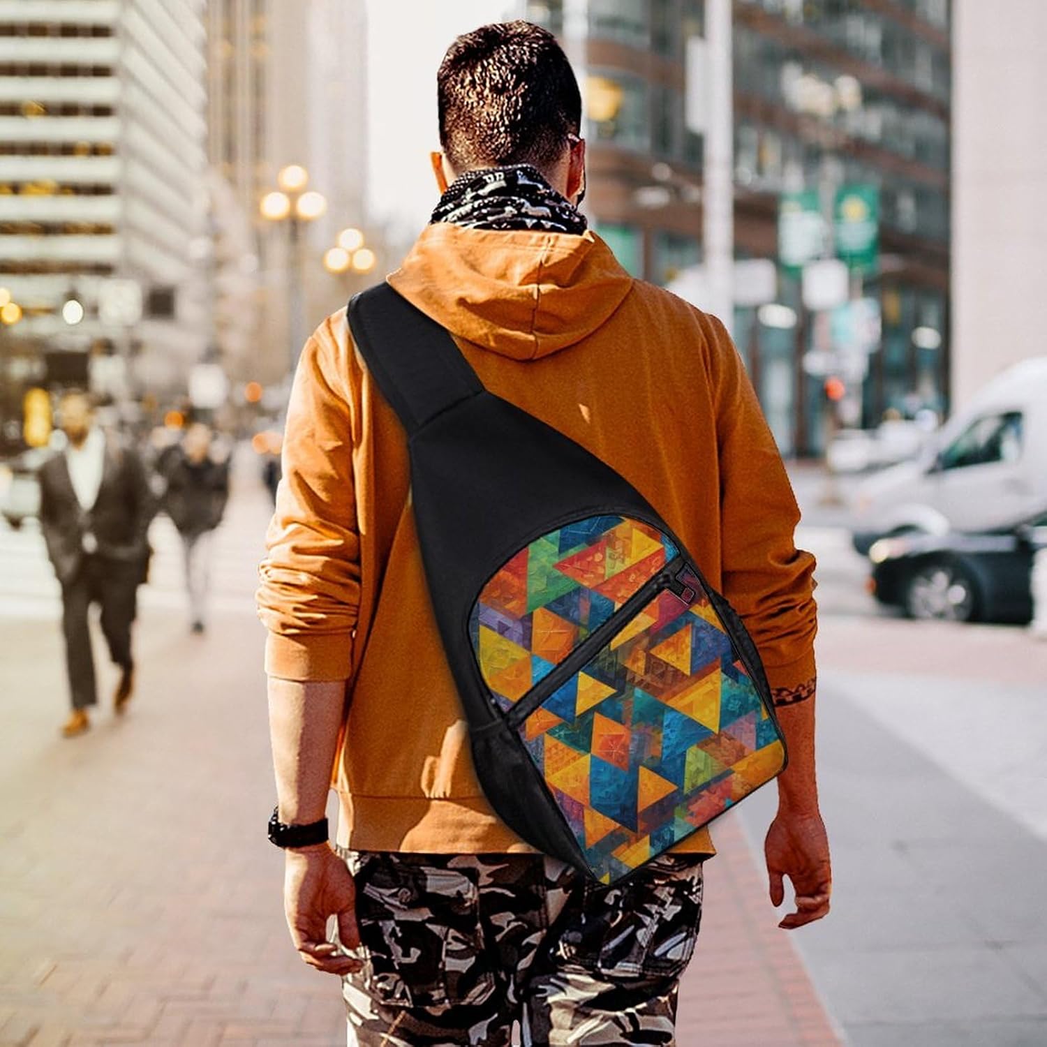 Colorful Triangles Geometry Crossbody Sling Backpack Chest Bag Daypack | unisex,trendy,with convertible and detachable shoulder strap,side pockets