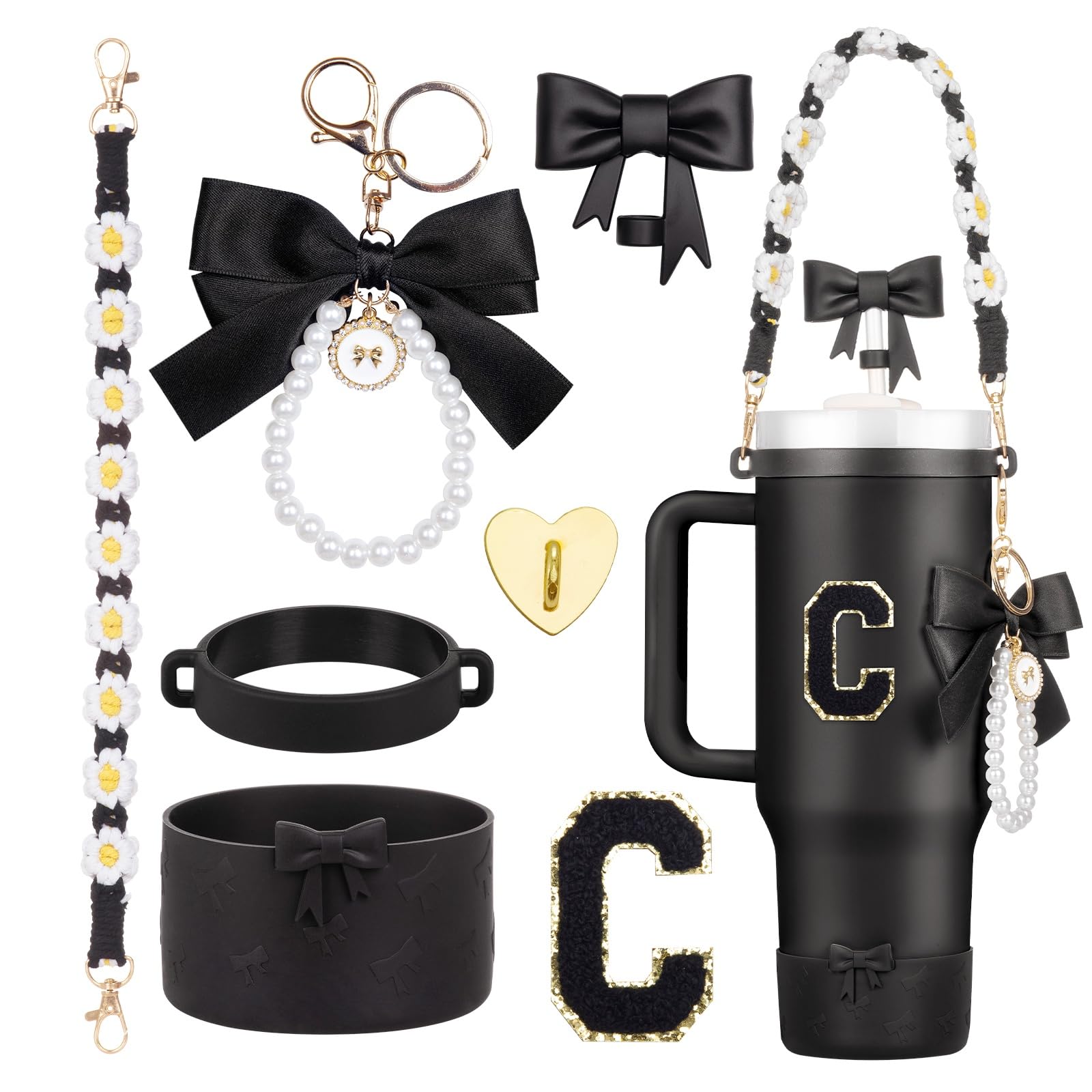 Rabrgab 7Pcs Black Stanley Cup Accessories for 40Oz 30Oz 20Oz, Women Teen Girls Gifts, Stanley Tumbler Cup Decoration with Straw Topper, Bow Charm,
