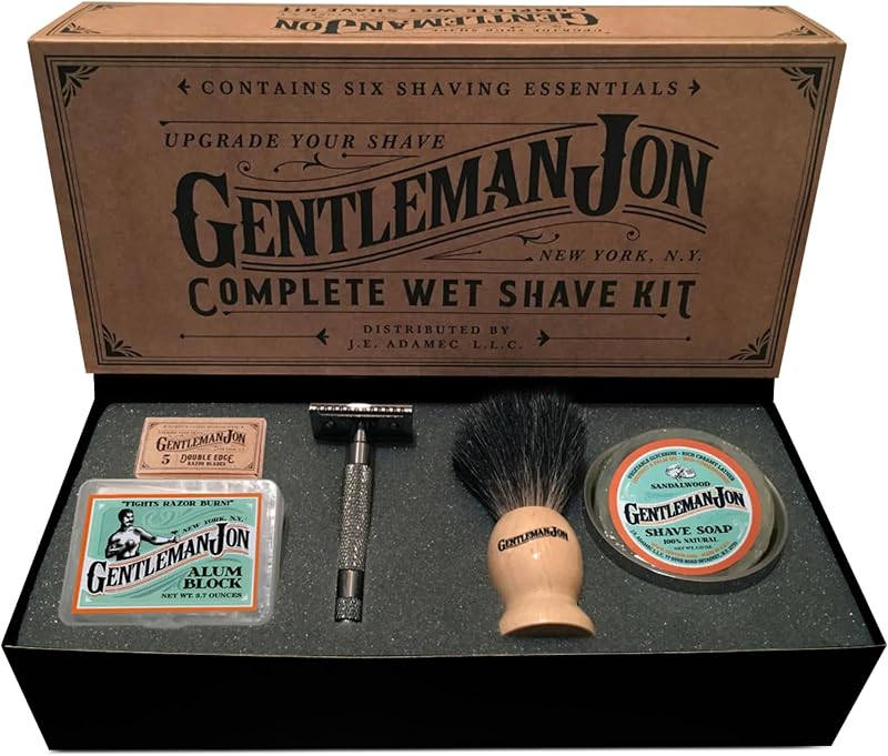 Kit de afeitado húmedo Gentleman Jon Safety Razor - Juego completo de aseo de 6 piezas | Set de afeitado vintage para hombres, incluye maquinilla de afeitar de seguridad, brocha de afeitar, bloque de alumbre, jabón de afeitar, cuenco y cuchillas de seguridad de doble filo