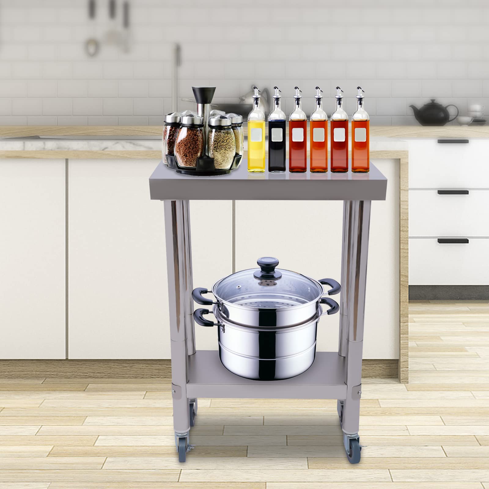 Mesa de trabajo de acero inoxidable, 2 niveles, con ruedas, mesa enrollable (60 x 45 x 85 cm) | Gastro - Mesa de trabajo de acero 201 (4 unidades, con frenos, para restaurante, cocina, bar, etc.)