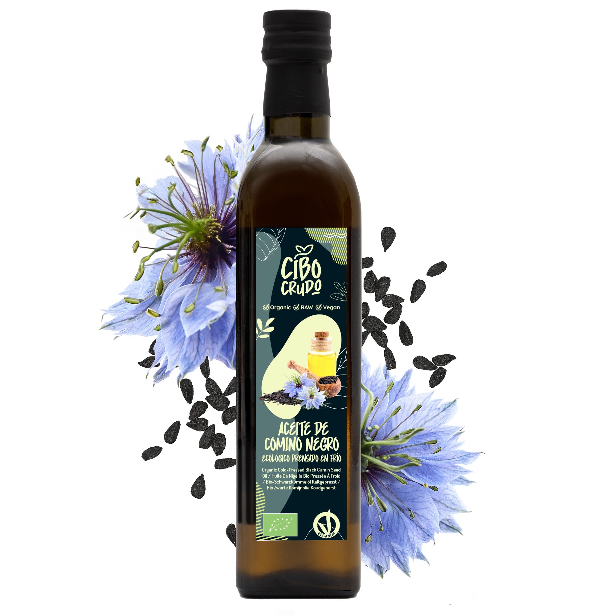 Aceite de Comino Negro Bio - 500ml. Aceite de Semilla Negra también llamado Nigella Sativa es Rico en Omega 6/9 y Timoquinona ideal para Condimentos - Black Seed Oil Organic Cold Pressed