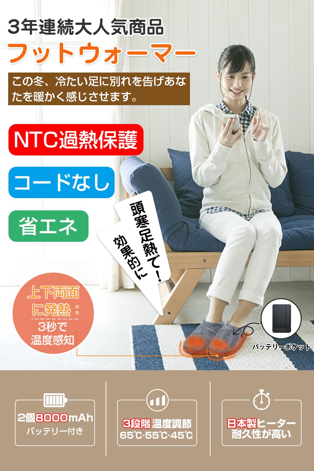 Amazon.co.jp: 【コードなし 3秒で温度感知】電気スリッパ フット