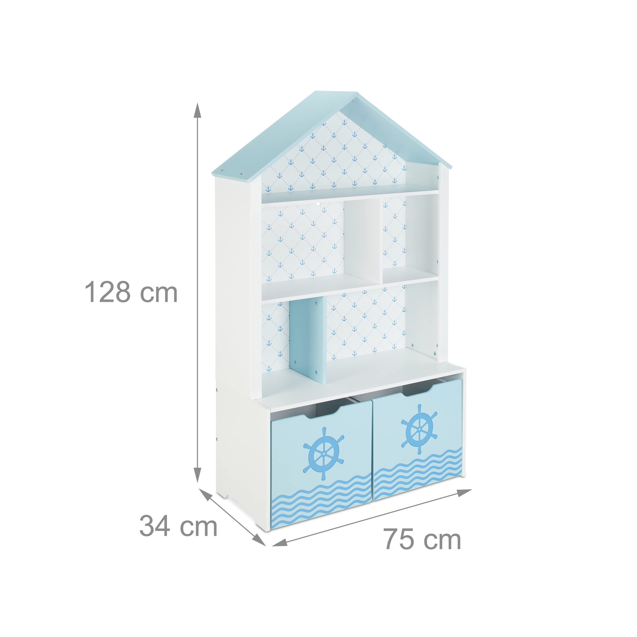 Relaxdays Estantería Infantil, Organizador Juguetes con Timón, 5 Estantes, 2 Cajas con Ruedas, 128x75x34cm, Blanco/Azul, Tablero de Fibras