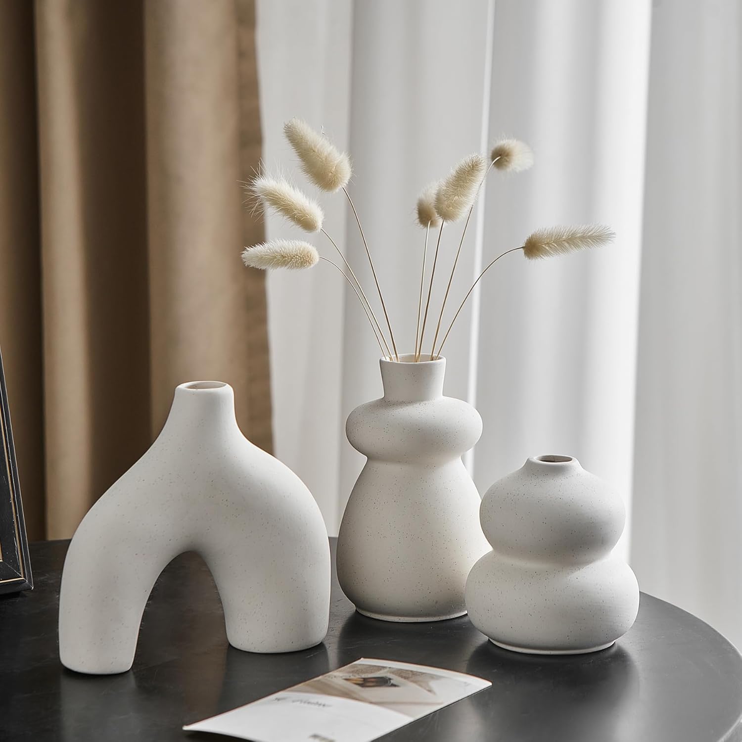 White Ceramic Vase Set of 3 Small Flower Vases for Home Decor, Modern BohoVase for Pampas Grass, Round Decorative Vases Table Centerpieces for Wedding Living Room Shelf Coffee Table (White Vase - B)