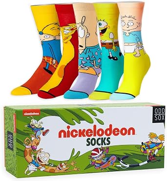 Odd Sox - Nickelodeon Gift Box - 5 Pack Novelty Crew Socks, Size Large