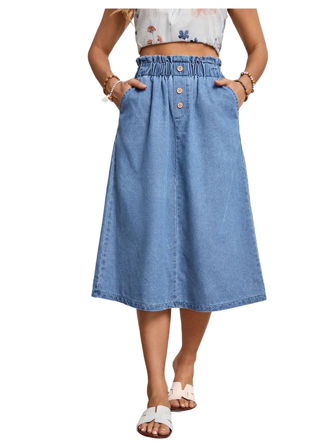 SweatyRocks Womens Casual Denim Skirts Elastic Waist Midi Skirts Button A Line Skirt with Pockets Fall Outfits