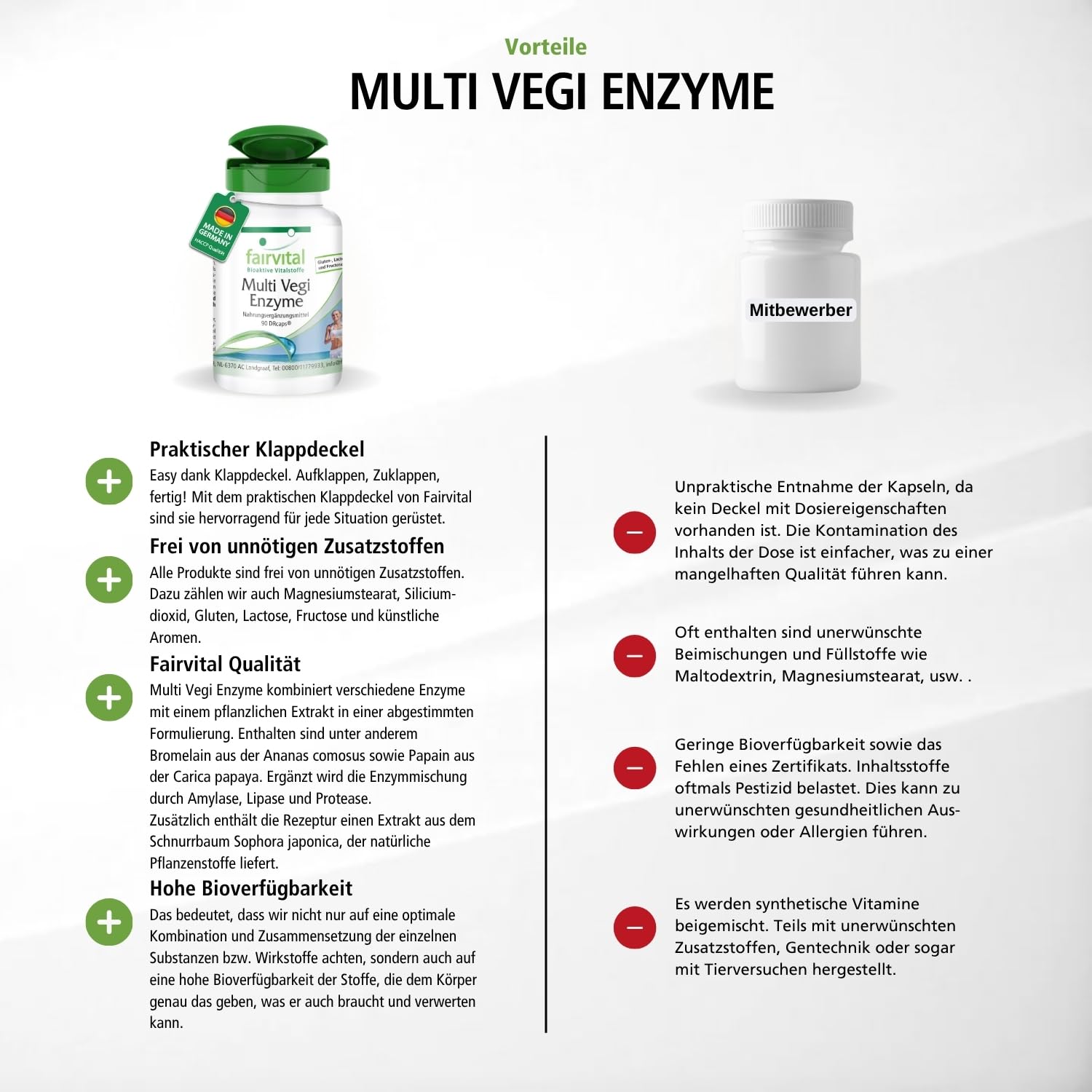 fairvital Multi Vegi Enzyme, 90 Kapseln, 100% pflanzlicher Enzymkomplex mit Bromelain + Papain + Amylase + Lipase + Lipase + Protease + Rutin, für eine zeitverzögerte Freisetzung
