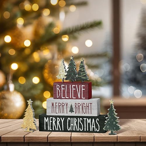 Miniatura 7 de Smile 6 Piezas Decoración de Interior de Navidad, Letreros de Madera Decoración de Mesa, Believe Merry Bright Árboles de Navidad, Ornamentos de