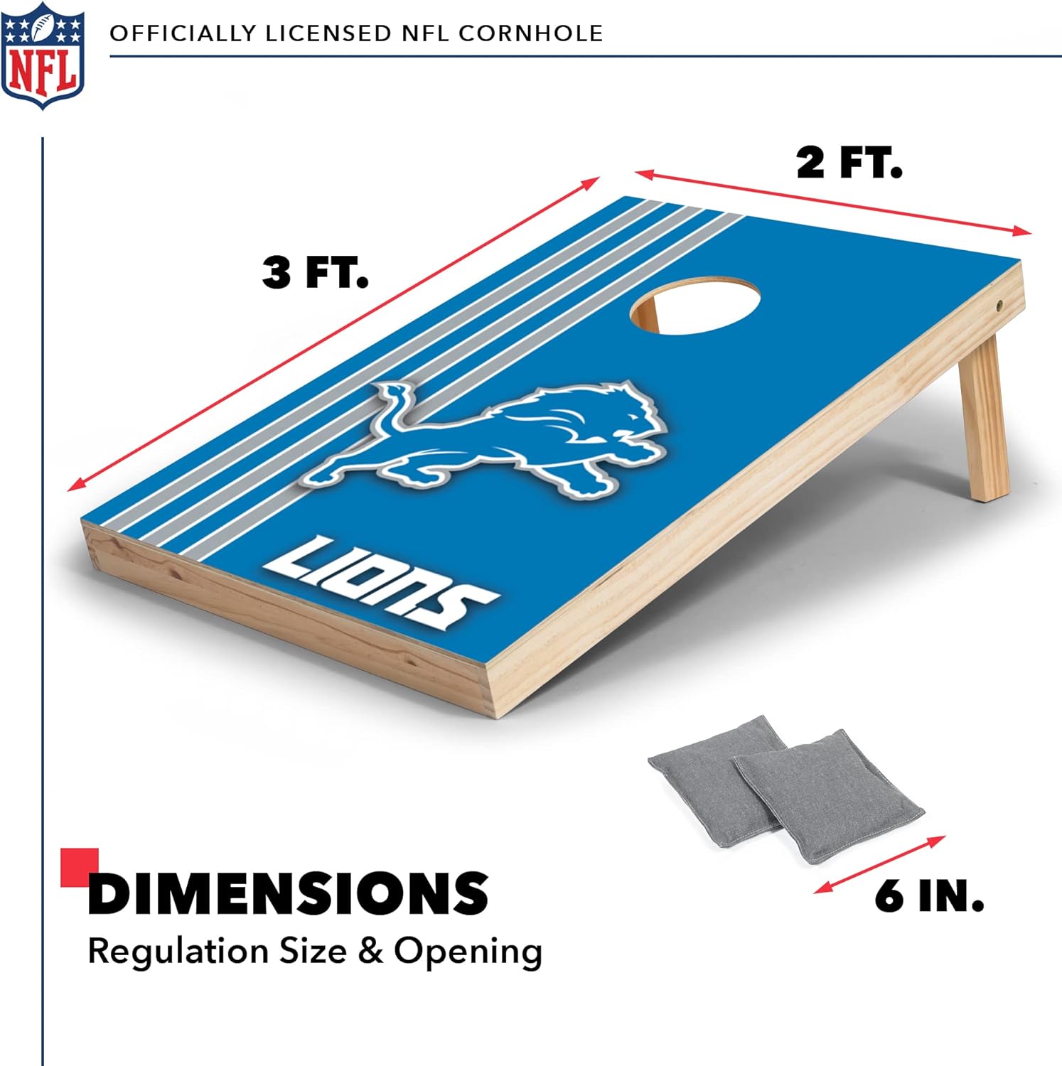 Wild Sports 2' x 3' Solid Wood Cornhole Set with Direct Print HD Team Graphics – Great Gift for Any Football Fan! Bean Bag Toss Family Outdoor Games – NFL Detroit Lions