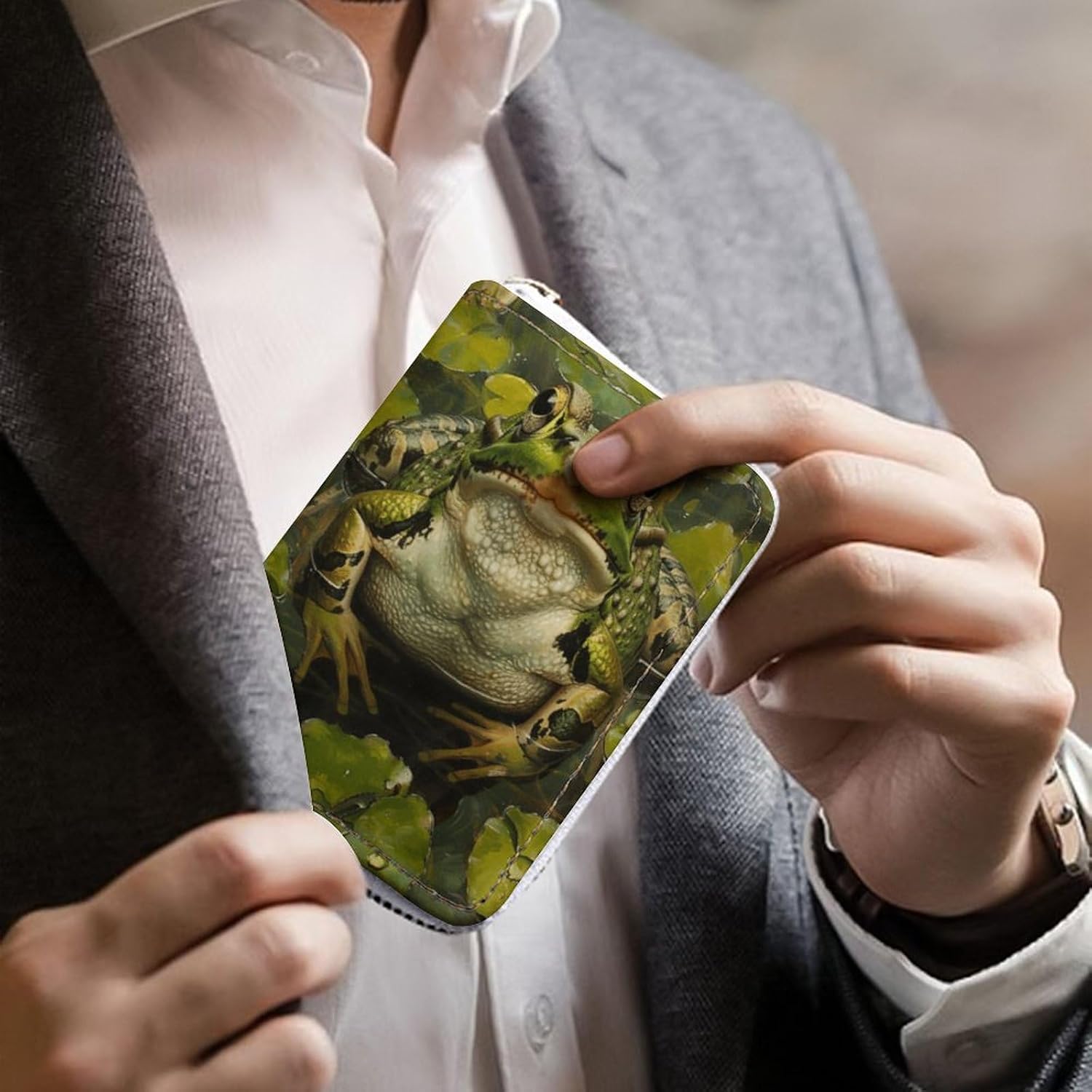 Leather Card Organizer Case Card Wallet Credit Card Holder Lily And Frog Printed Zipper Card Cases Holder for Women Men