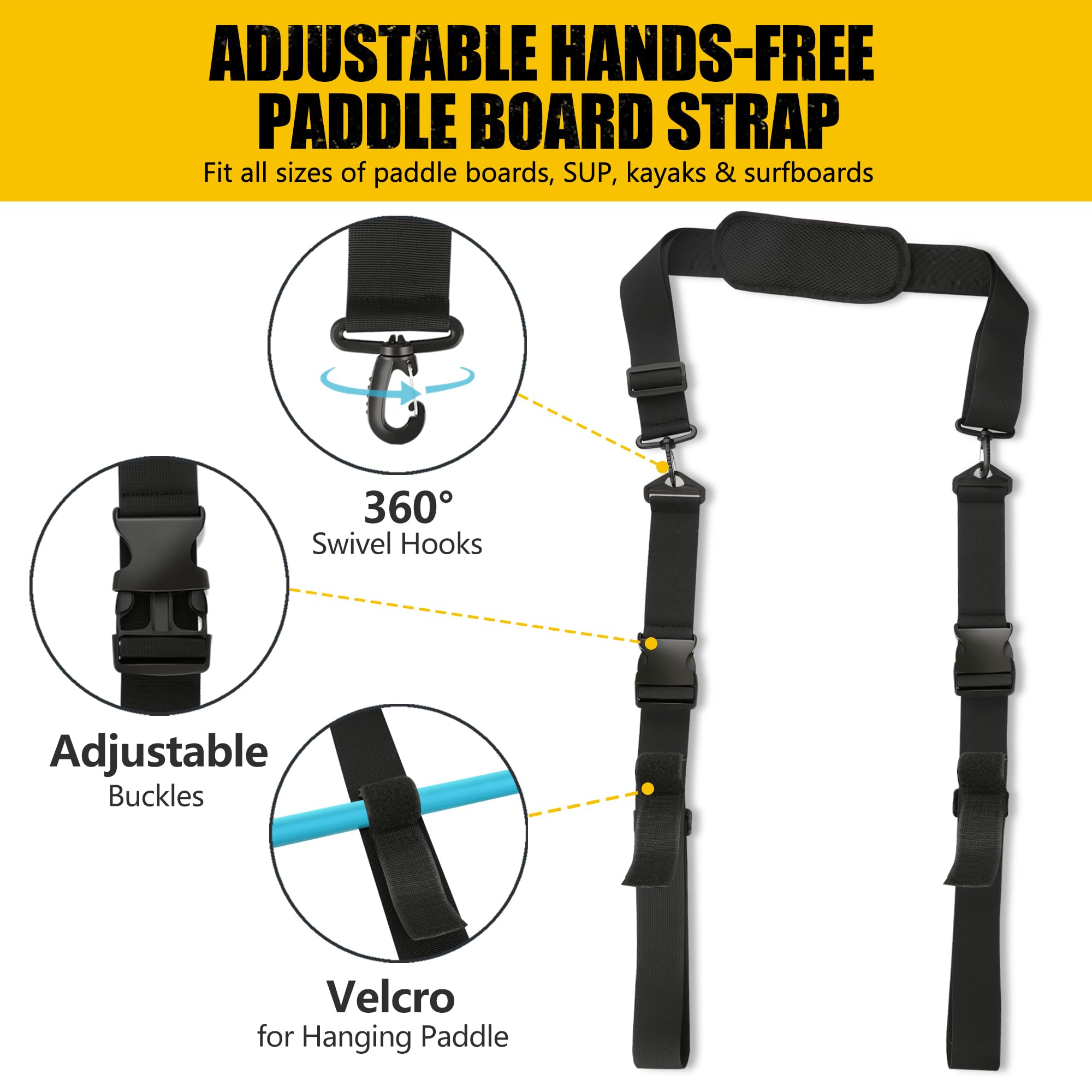 Rugtol Paddle Board Carrying Strap - Adjustable Hands-Free Paddle Board Strap with Paddle Carrier Velcro Pieces and Soft Shoulder Strap, Paddle Board Accessories Suitable for SUP, Kayak and Surfboard