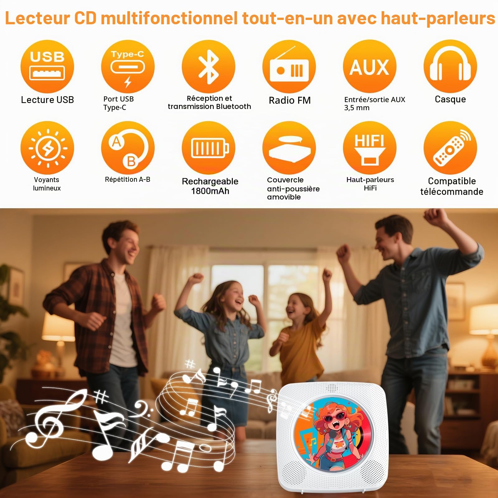 Gueray Lecteur CD Portable Enfant : Lecteurs CD Bluetooth pour la Maison avec Haut-parleurs Batterie 1800 mAh Télécommande Couvercle Anti-poussière Amovible Lecteur CD Mural avec Radio USB AUX Blanc