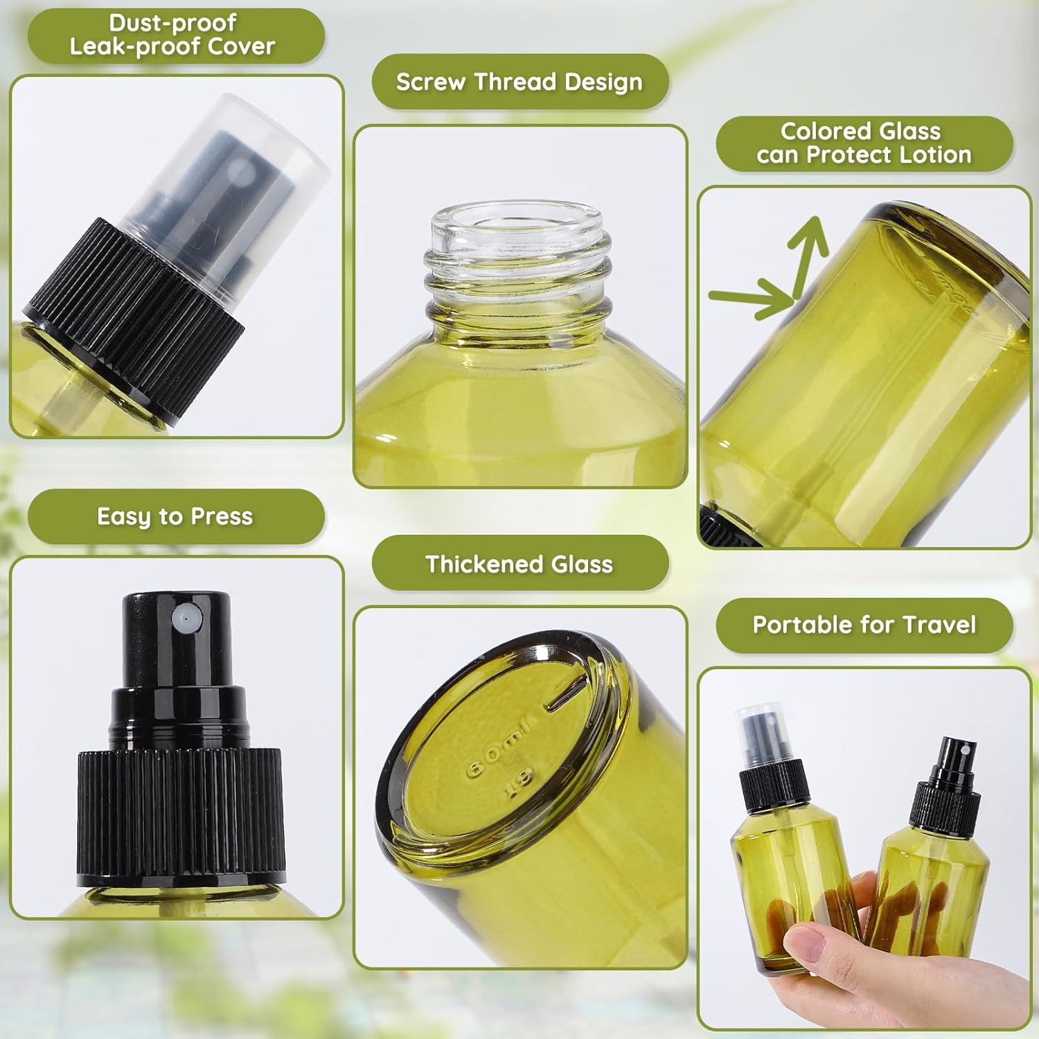 Segbeauty 18pcs 2oz Perfume Travel Refillable Bottles, Small Travel Size Spray Bottle for Hair, 60ml Empty Mini Glass Fine Mist Spray Bottles, Green Perfume Cologne Atomizer Sprayer Bottle for Liquids
